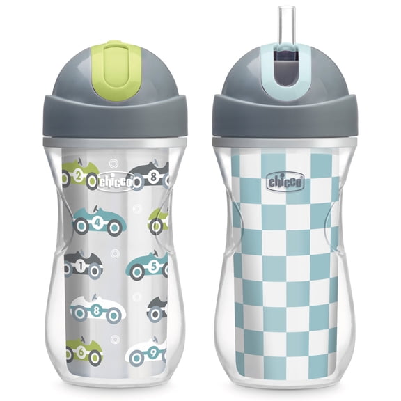 Chicco 9oz. Flip-Top Straw Trainer with Soft Silicone Straw and Double-Wall Insulation, 12m , 2-Pack - Cars/Checker
