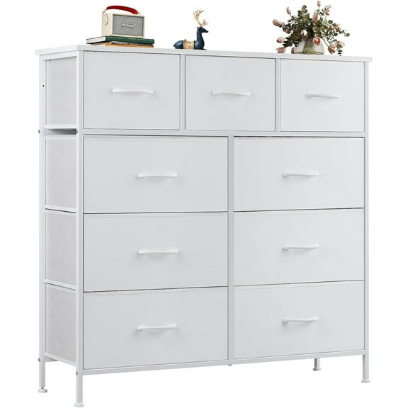 MY Dresser for Bedroom, 9 Storage Drawers, Wide Fabric Closet Chests Organizer Tower Furniture, TV Stand with Wooden Top Metal Frame for Clothes, Living Room, Hallway, Entryway, Classic White