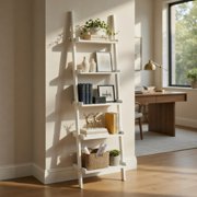 Resenkos Bookshelf,Shelf, Open Bookcase Book Shelf,Storage Shelf Unit Plant Stand, 5-Tier Wall-leaning Ladder Shelf Display Rack for Plants and Books-White