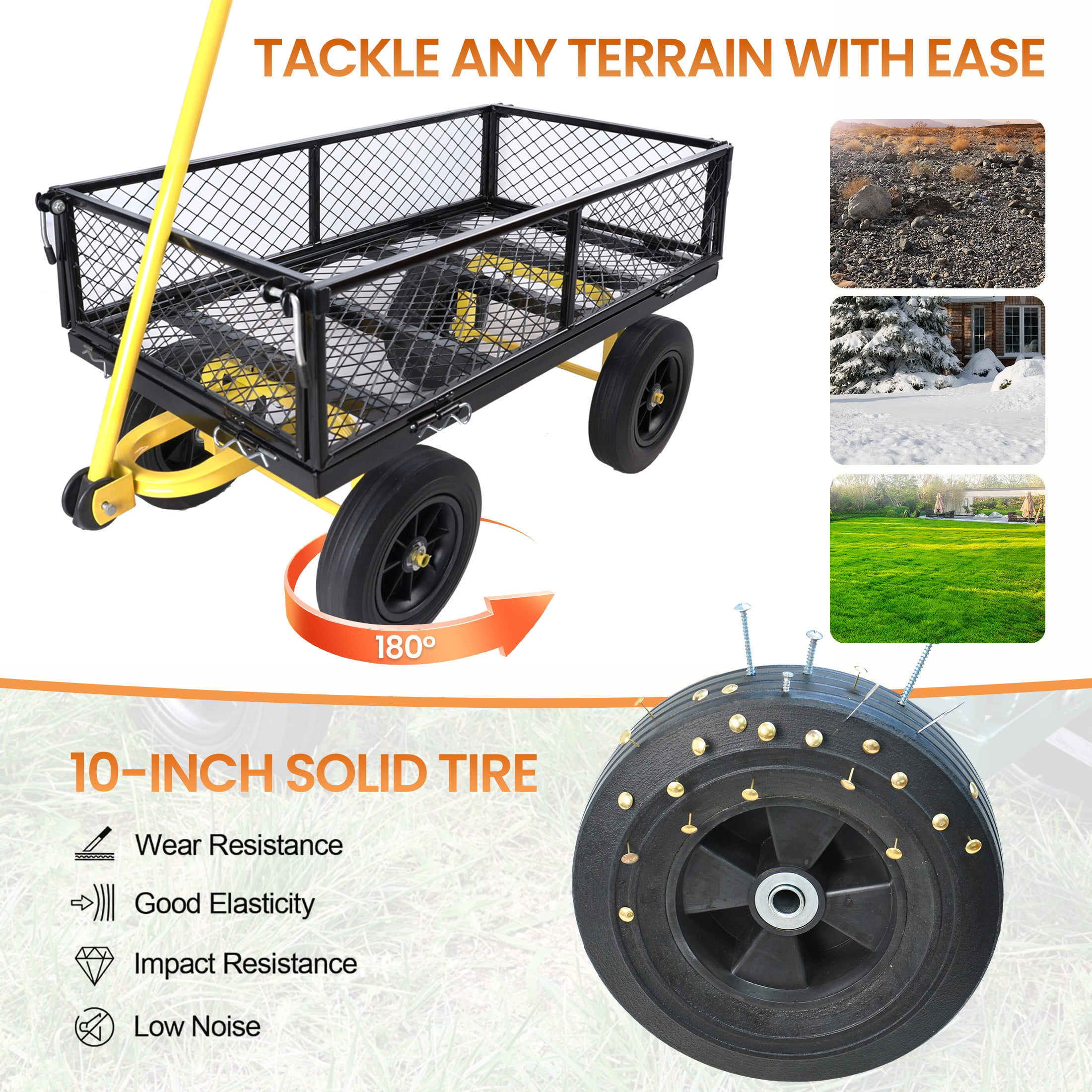 Aukfa Mesh Steel Wagon Cart with Removable Sides, Garden Cart Heavy Duty Utility Wagon with Rotating Handle/10'' Tires for Garden Yard, Yellow