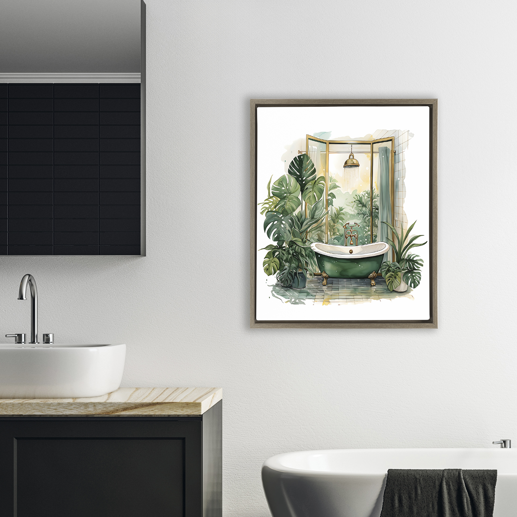 Bathtub in Tropical Oasis Brown Framed Floater Canvas Wall Art, design by Lettered and Lined