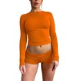 thumbnail image 3 of Diconna Ensemble de Vêtements pour Femmes Shorts Automne Couleur Unie Ajusté Col Rond Manches Longues Crop Tops Shorts 2 Pcs, 3 of 5