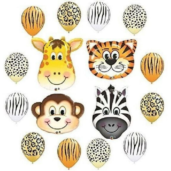 16 Zebra Tiger Giraffe Monkey Safari Jungle Zoo Animals Mylar & Latex Balloons