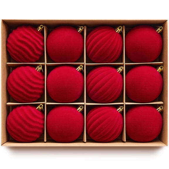 DR.Planzen 12PCS 3.2in Burgundy Christmas Ball Ornaments Set, Velvet Flocked Shatter-Resistant Xmas Balls - 3 Textured Styles with Gold Hanging Strings for Christmas Tree, Wreath, Mantel