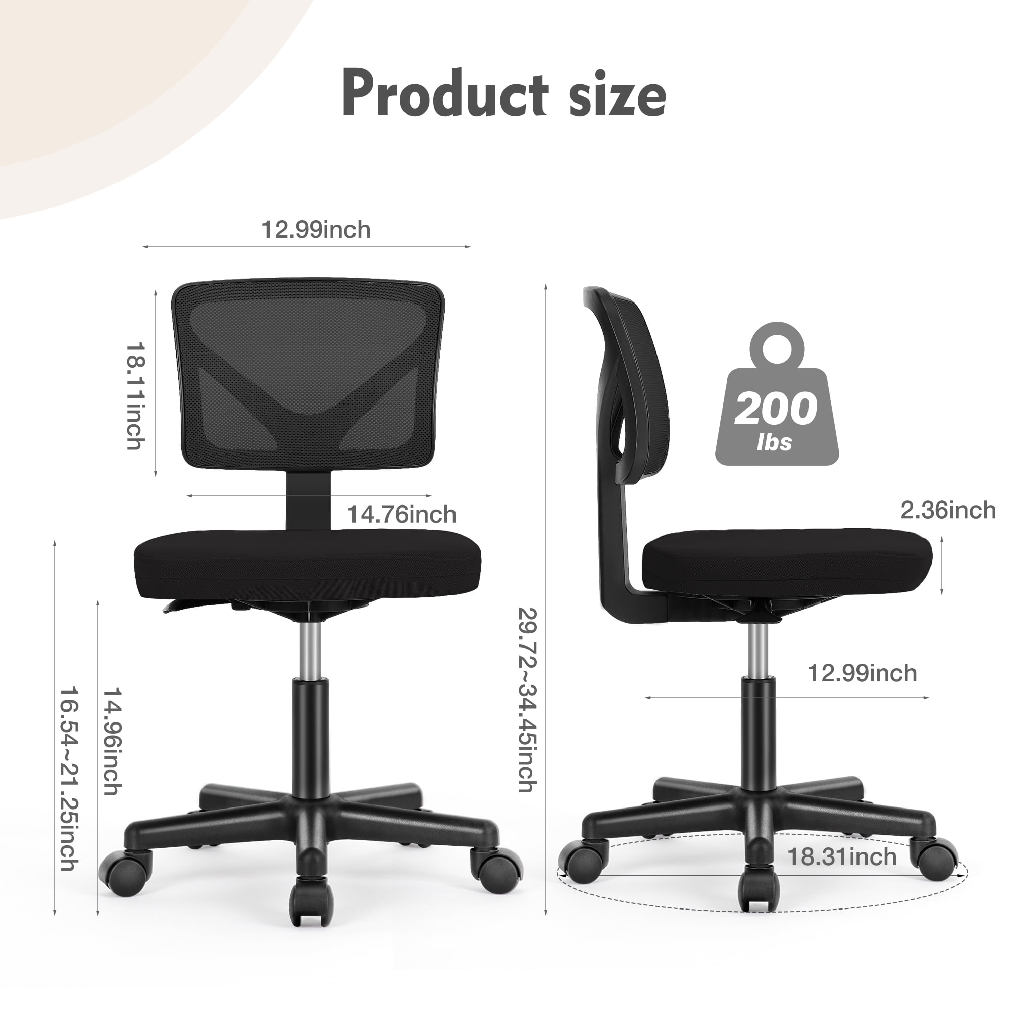 JOINSUN Armless Desk Mesh Office Chair, Adjustable Height Ergonomic Low Back Vanity Task Desk Chair with Wheels,Black