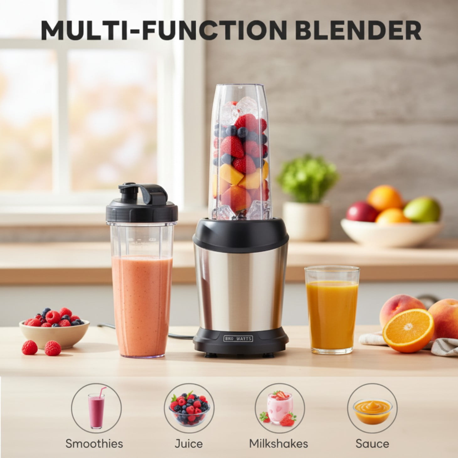 EDX 1L Stainless Steel Blender 800W 120V 60Hz Silver with 3 PCTG Cups(1L/0.7L/0.5L), 1 Travel Lid, 2 Storage Lids & 1 Blending Blade