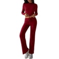 thumbnail image 2 of Conjuntos de 2 Piezas para Mujer, Larga, Cuello Redondo, Pantalones Acampanados de Cintura Alta, Conjuntos de Chándal, Ropa de Calle. Vino Tinto L, 2 of 9