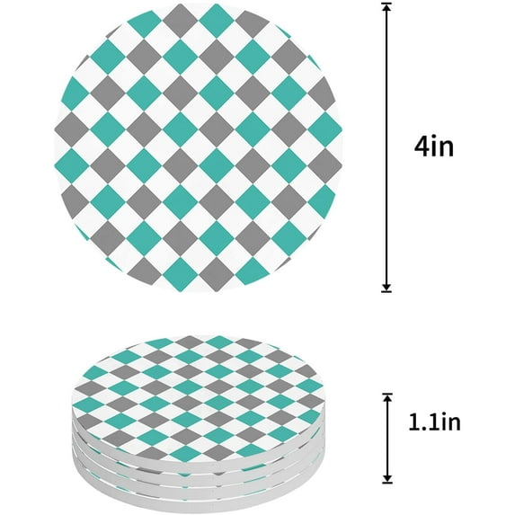 FMSHPON Gray Aqua Green Rhombus Lattice Geometric Texture Set of 4 Round Coaster for Drinks, Absorbent Ceramic Stone Coasters Cup Mat with Cork Base for Home Kitchen Room Coffee Table Bar Decor
