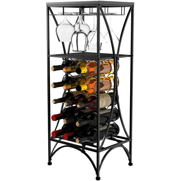 Mecor Metal Wine Rack，Free Standing Wine Storage Shelves for 15 Bottle，Wine  Display with 3 Stem Glass Holder，Wood Top，Black