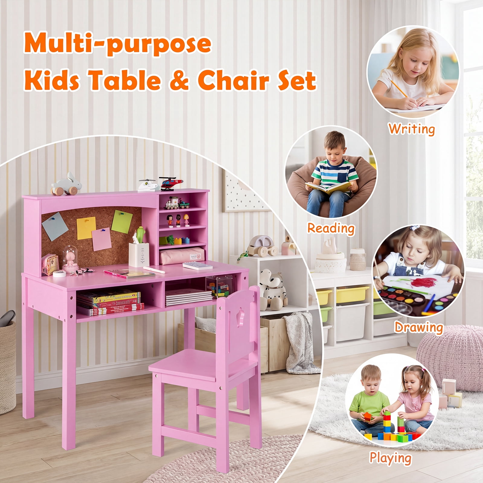 Furnibear Kids Desk and Chair Set with Hutch and Bulletin Board, Children Study Desk and Chair with Storage, Kids Writing Desk, Pink