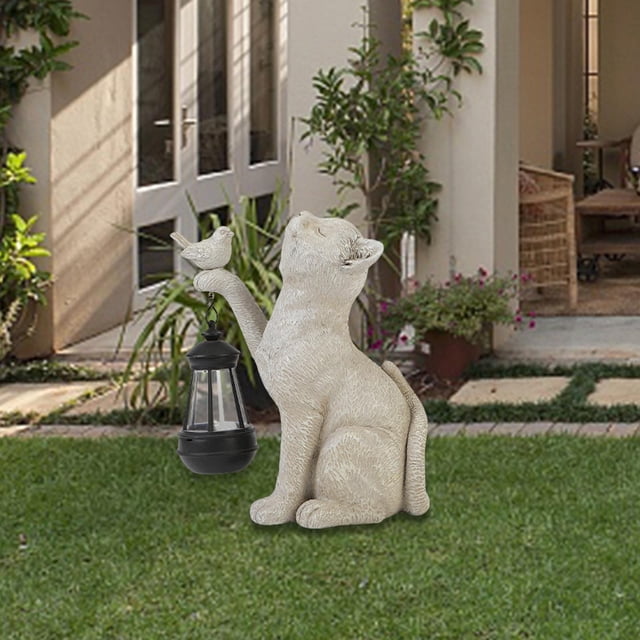 Luz solar de gato Estatua de gato al aire libre Regalos Lámpara de paisaje Resina con linterna solar Gris Cola estatua al aire libre