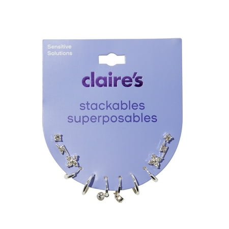 Claire's Tween Girls Stackable Silver Lightning Bolt Rhinestone Hoop Earrings, 6-Pack