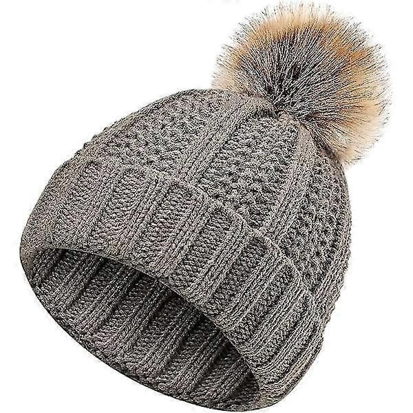 Women's knitted beanie with faux fur pom pom warm knit hat cap Acsergery gift