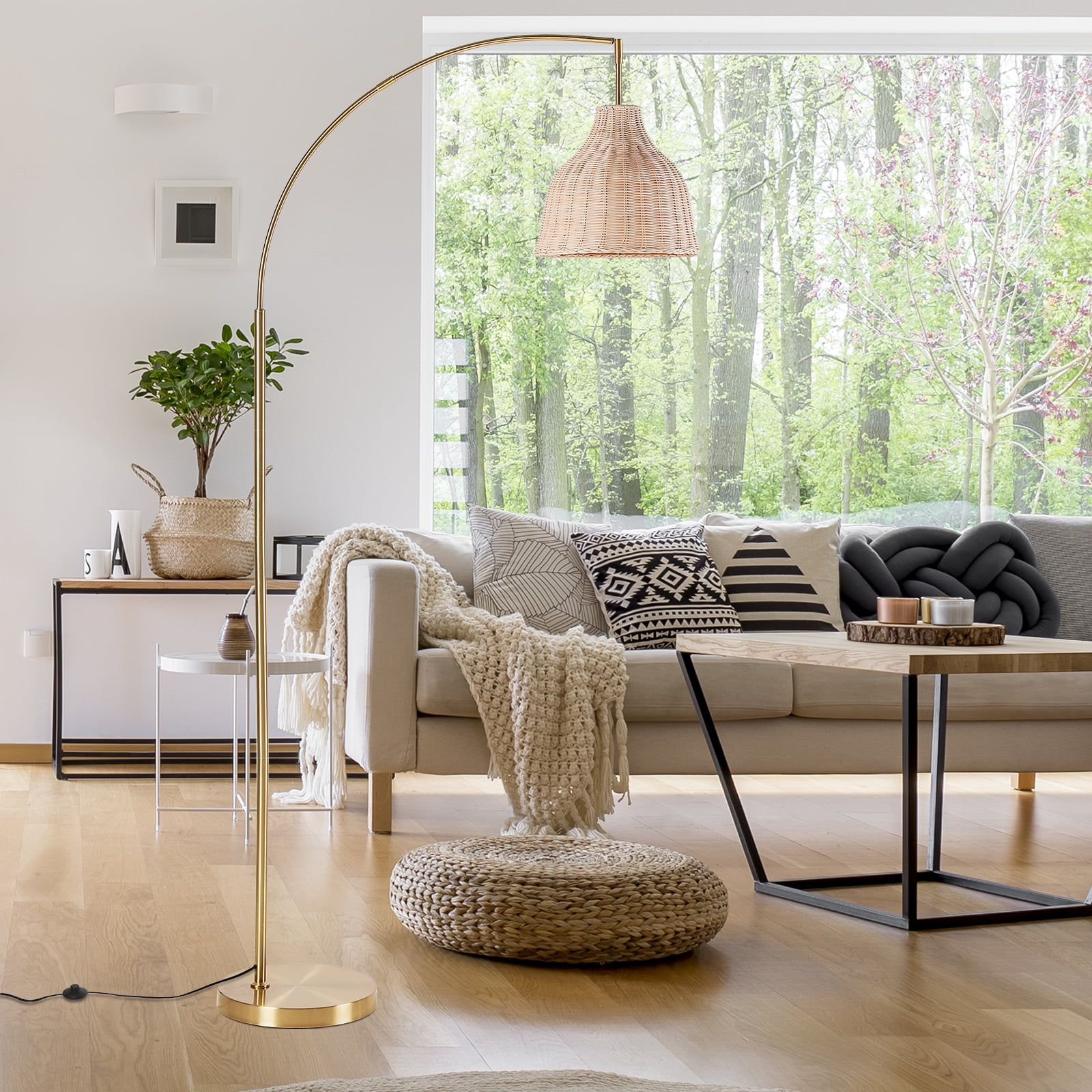 SUNMORY 72 inch Arched Rattan Floor Lamp, Fabric Retro Boho Farmhouse Rustic Standing Lamp for Living Room, Bedroom, Office, 9W & Foot Switch &  3 Color Temperature, Gold