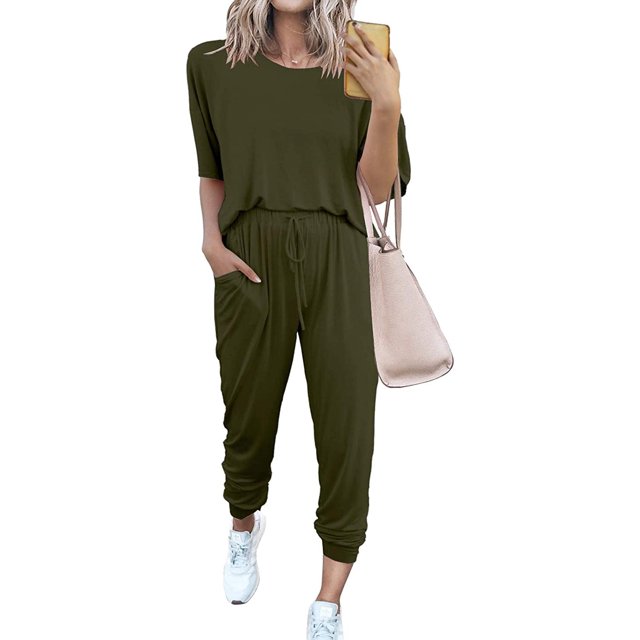 AMERTEER Women’s Two Piece Outfit Short Sleeve Pullover With Drawstring Long Pants Tracksuit Jogger Set