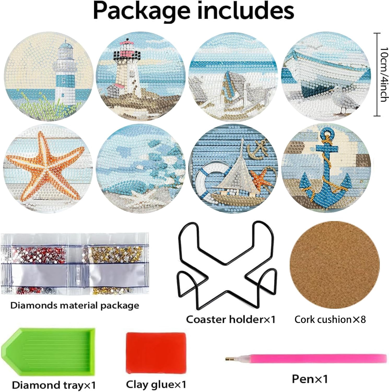 8 Pcs Beach Diamond Art Coasters Kits with Holder, Sea Diamond Painting Coasters Kits for Adults, Light House DIY 5D Diamond Dots Small Mini Kit Full Drill Art Craft Supplies 4X4 Inch