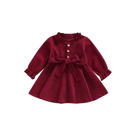 

Peyakidsaa Kid Baby Girl Dress Long Sleeve Ruffled Neck Solid Color Buttons High Waist Dress+ Waist Belt