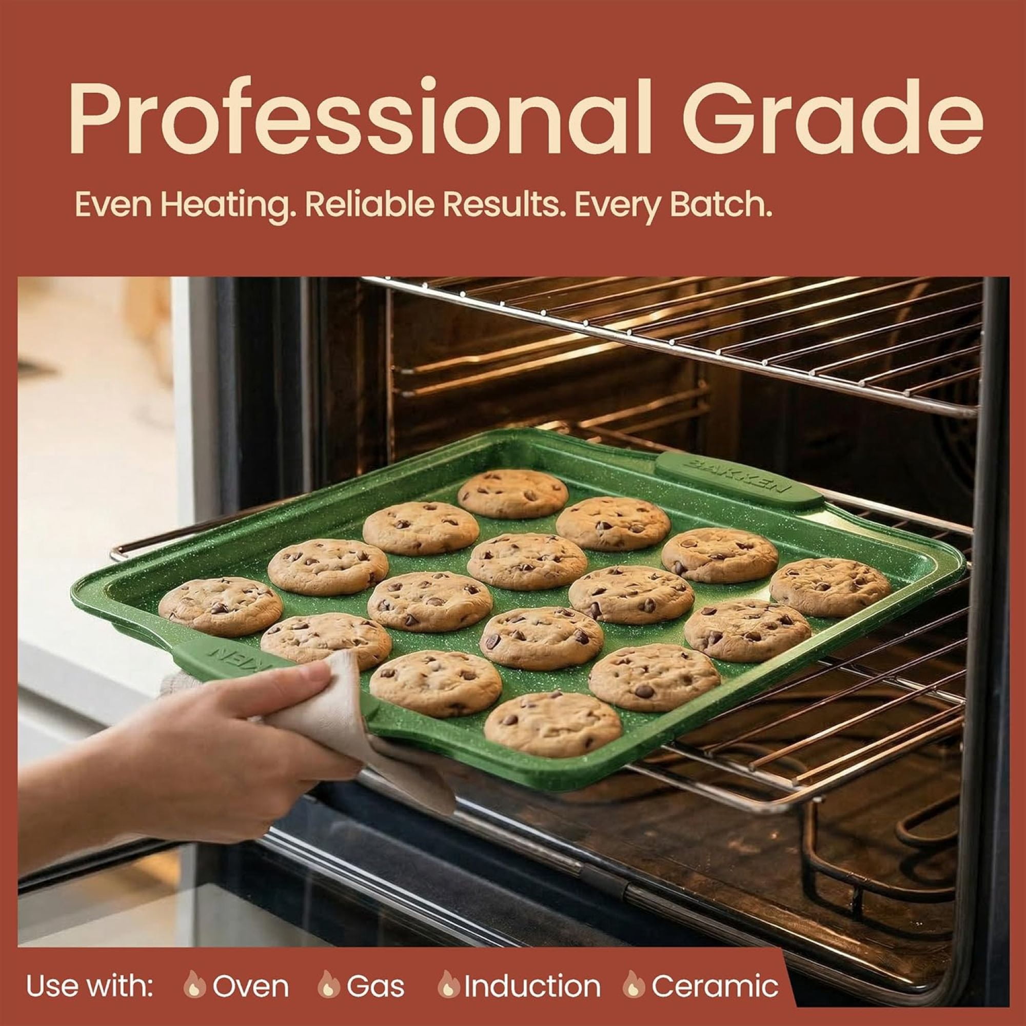 Bakken- Swiss Kitchen Baking Pan Set - Nonstick Green Marble Coating, Carbon Steel Bakeware Sets with Green Silicone Handles, Kitchen Essentials, Oven Safe (Up To 450° F), Set of 3