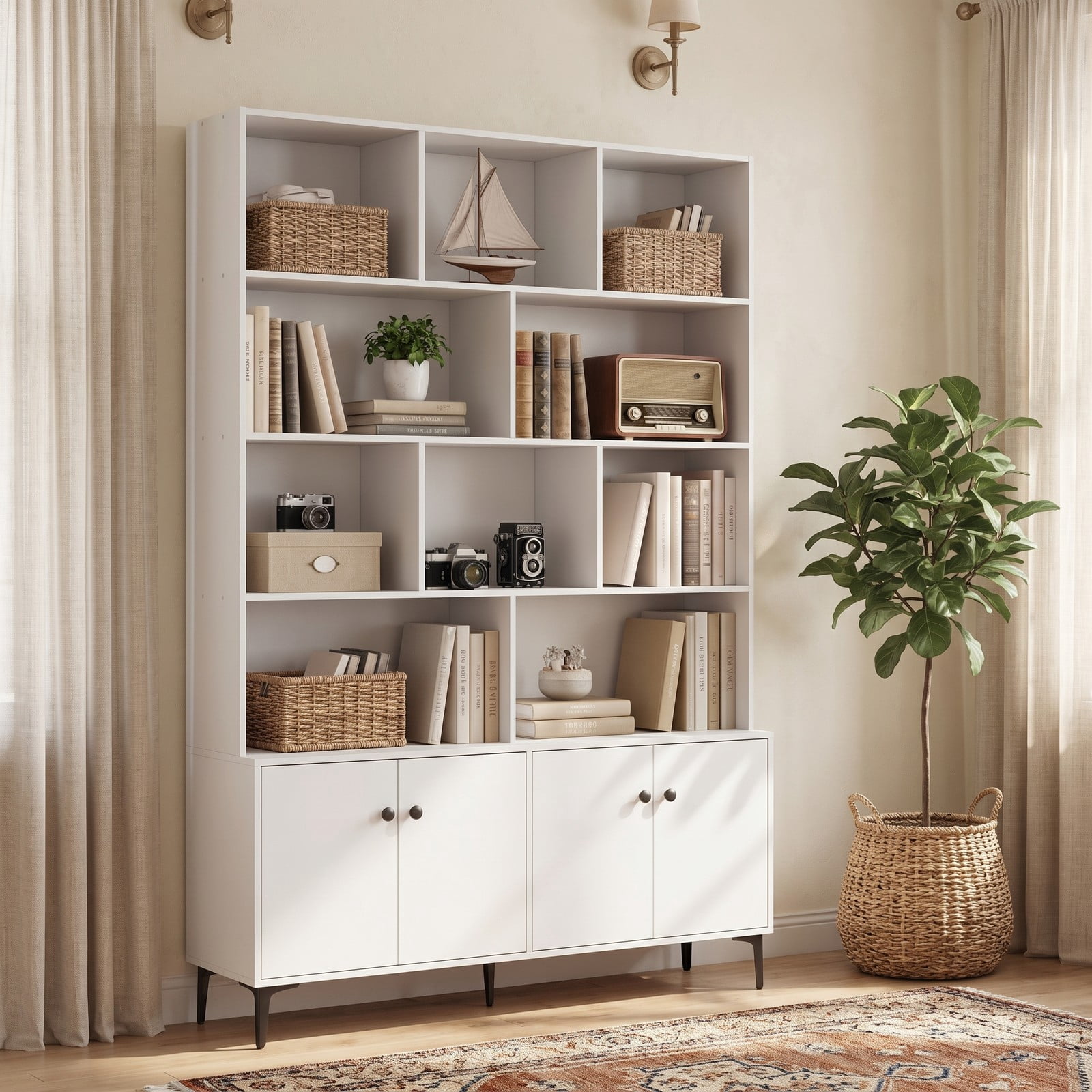 Furnibear 68.5" White Bookshelf with 4 Doors and Open Shelves, Tall Freestanding Bookcase Storage Cabinet with Anti-Tipping Kits and Metal Legs for Home Office, White
