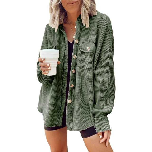 Camisa con botones de punto de gofre, camisa de novio de gran tamaño, chaqueta holgada informal para mujer, chaqueta de punto de gofre para otoño invierno, verde claro XL