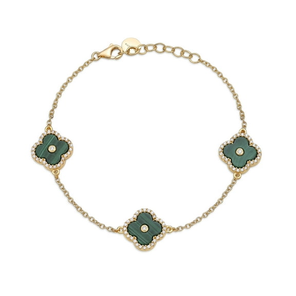 Lavari Jewelers Flora Women's Malachite Three-Station Flower Bracelet in Yellow Gold Plated Sterling Silver with Cubic Zirconia Halo - 7-8 Inch Adjustable Cable Chain