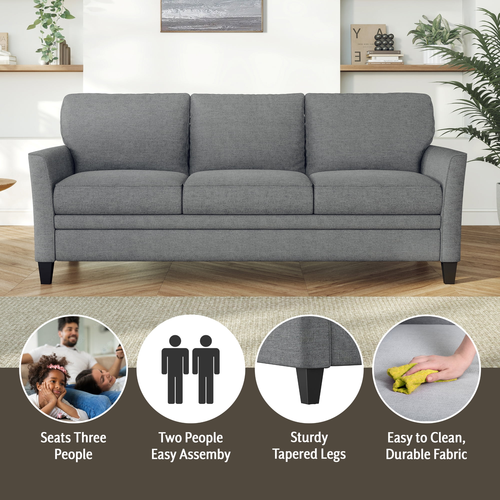 Mainstays Kensington 80" 3 Seat Classic Modern Couch, Gray