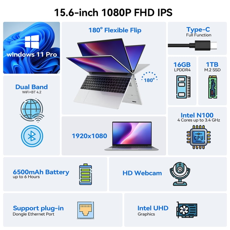 15.6 inch Portable Laptop, HD Display, Intel Quad-Core N100