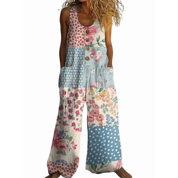 Women'S Summer Boho Casual Jumpsuits Wide Leg Overalls Floral Print Baggy Rompers with Pockets Figure 5 M
