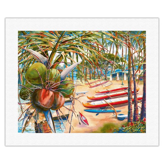 Halau Wa’a Ma Ke Ala Wai - Hawaiian Honolulu Canoe (Wa’a) Club - From an Original Hawaii Watercolor Painting by Peggy Chun - Fine Art Rolled Canvas Print 16in x 20in