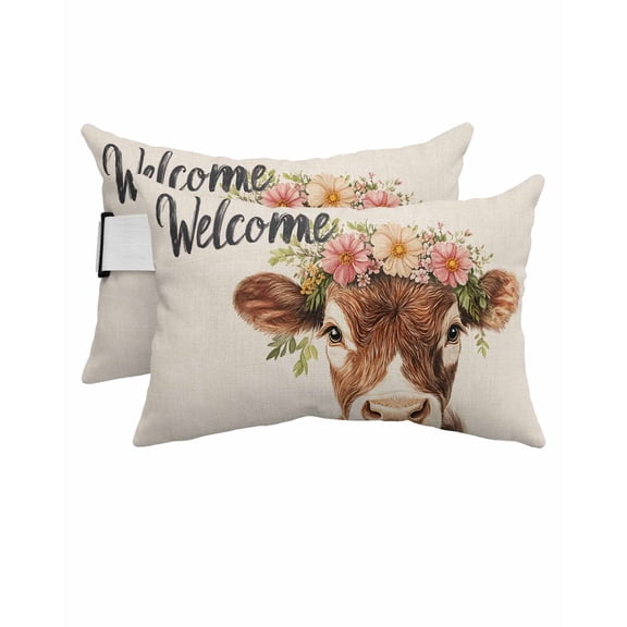 Cute Cow Outdoor Head Resting Pillows with Insert Welcome 2 Pack Waterproof Lumbar Pillows with Adjustable Elastic Strap for Patio Recliner Chaise Beach Chair, 11"x16"