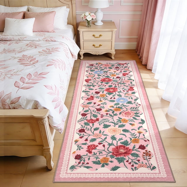 Garvee 2'x6' Runner Rug Vintage Floral Area Rug, Washable Boho Rugs Non Slip Soft Low Pile Farmhouse Rug Indoor Floor Carpet for Hallway Bedroom Kitchen, Pink