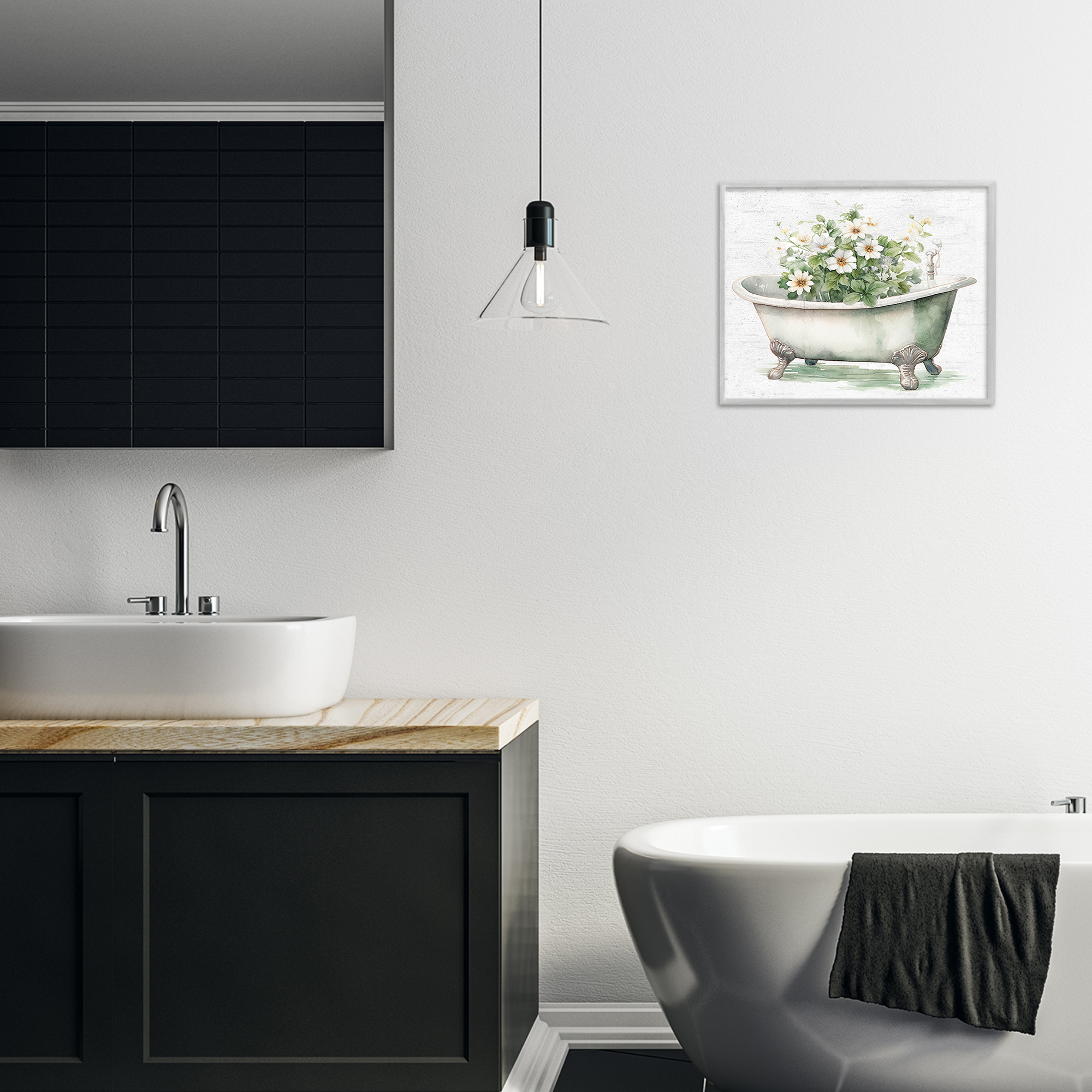 Boho Tub with Daisies Gray Framed Giclee Art, design by Lettered and Lined