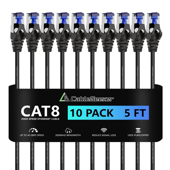 CableGeeker Patch Cables Cat 8 5ft 10 Pack Slim, Cat8 Ethernet Patch Cable 40G 2000MHz Support, Snagless RJ45 Cat 8 Patc