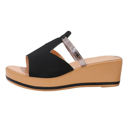 

aDJFDGT Womens Platform Sandals Ladies Summer Casual Pure Colour Bright Leather Hollow Out Splicing Slope Heel Thick Bottom Out Large Size Sandals Slippers