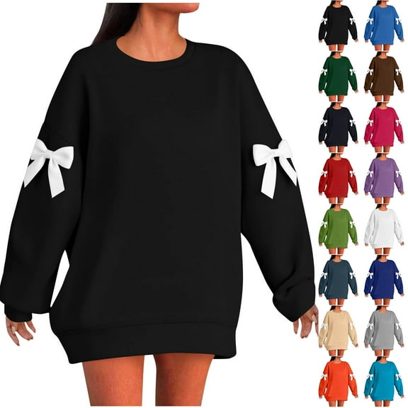 JTZGDY Fashion Womens Christmas Sweatshirts Cute Xmas Bowknot Patchwork Long Sleeve Crewneck Pullover Tops Loose Oversized Baggy Holiday Gift Hoodless T-Shirts Black XXXXL