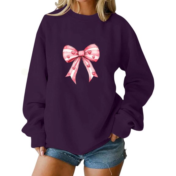 Womens Valentine Day Sweatshirts Pullover Long Sleeve Holiday Valentines Sweater Casual Cute Bow Heart Tops, 2XL Purple