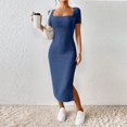 thumbnail image 2 of bbyeadc Blue Cocktail Dresses for Women 2025 Summer Dresses, New French Stand Alone Square Neck Short Sleeve Side Slit Dress (Blue, M), 2 of 7