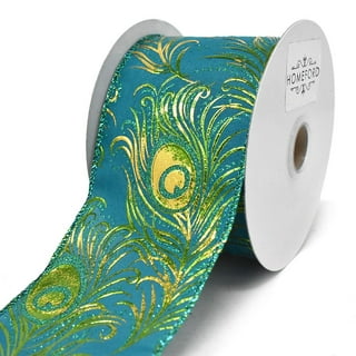 Peacock feathers ribbon in turquoise, green and yellow on 7/8 white single  face satin