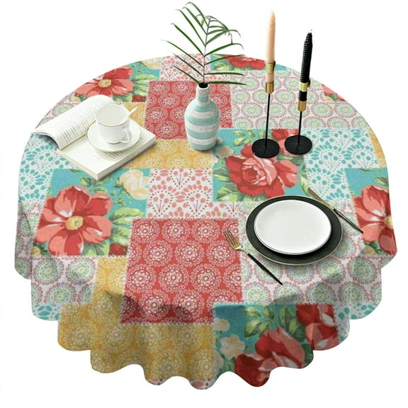 Pioneer Flower Floral Print Pattern Round Tablecloth 60"x60",Wrinkle Wipeable Table Cloth for Kitchen Dining Room Picnic Patio Party