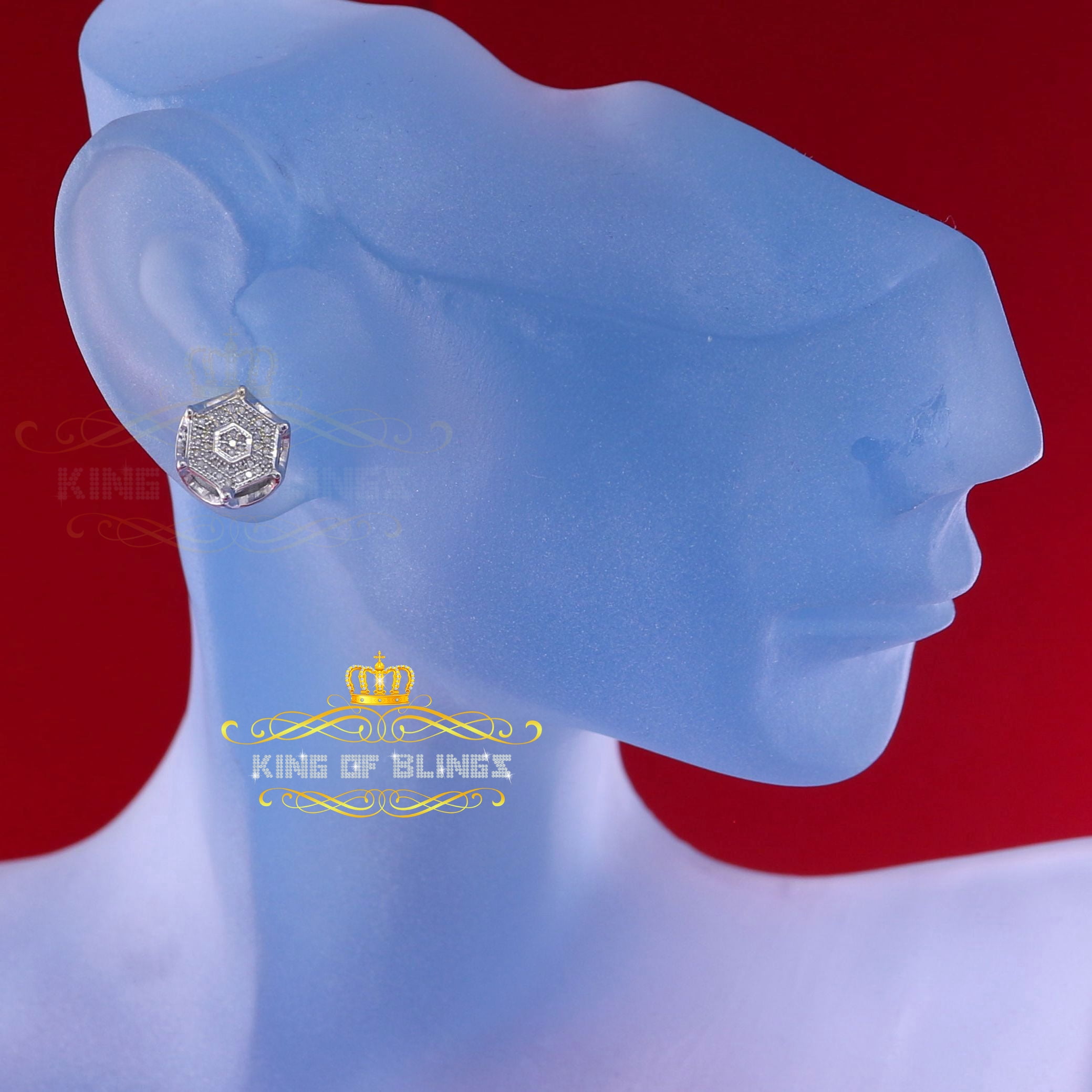 King of Bling's 0.25ct Diamond Stud Hexagon Earrings For Women White 925 Sterling Silver For Men