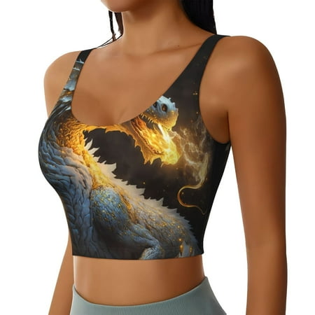 Haiem Golden White Fire Dragon Pattern Womens Sports Bra - U Neck Padded Low Impact Yoga Bra Workout Crop Top Gym Moisture-Wicking Workout Vest -Large