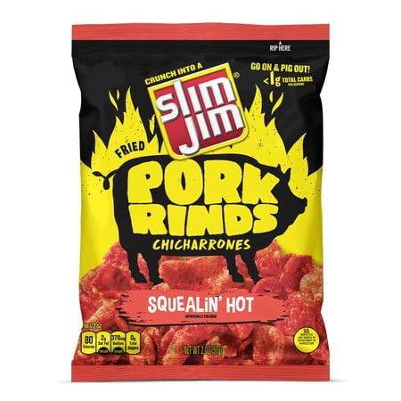 Slim Jim Pork Rinds, Squealin' Hot Flavor Fried Meat Snacks, 2 oz Bag