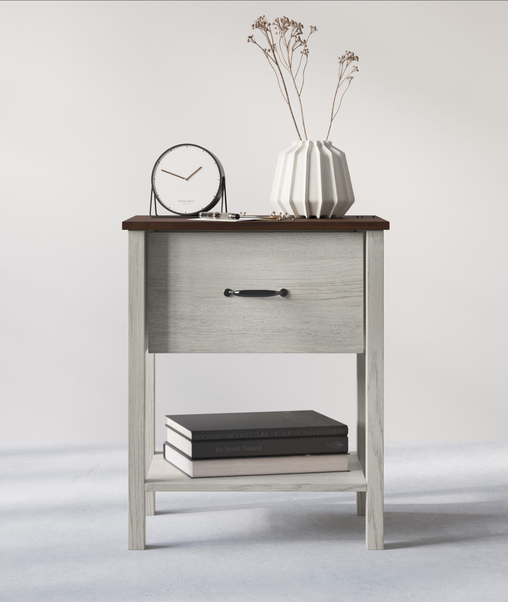 Home Design Sana Nightstand with Pull-Out Drawer and Open Shelf, White Oak/Brown, Easy Assembly (Set of 2)