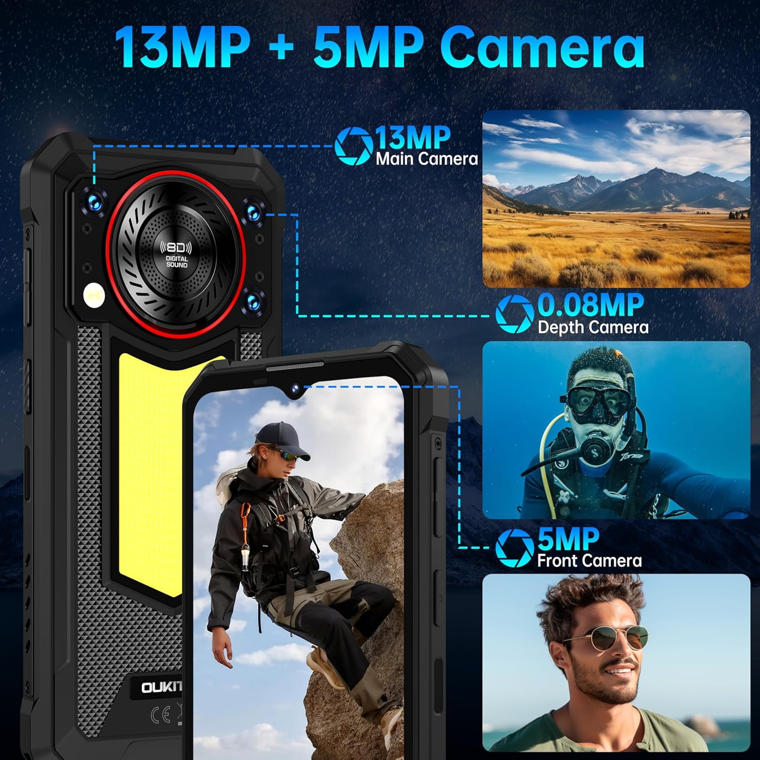 OUKITEL WP53S Rugged Smartphone Unlocked,16B+128GB Android 15 Rugged Phone,11000mAh Battery with Camping Light,6.52" FHD+,13MP+8MP IP68/IP69K Waterproof Cell Phone 4G Dual SIM NFC/OTG/Louder Speaker