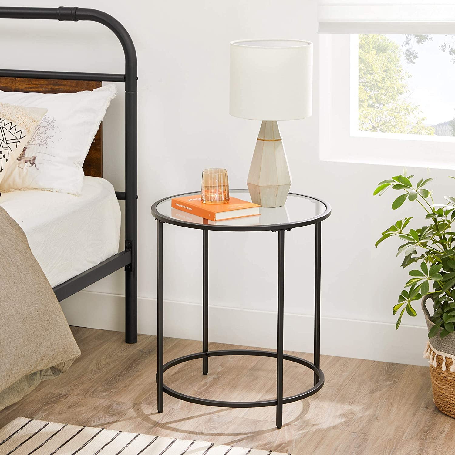 VASAGLE Round Side Table Glass End Table with Metal Frame Black Coffee Table with Modern Style for Living Room, Balcony, Bedroom, Black
