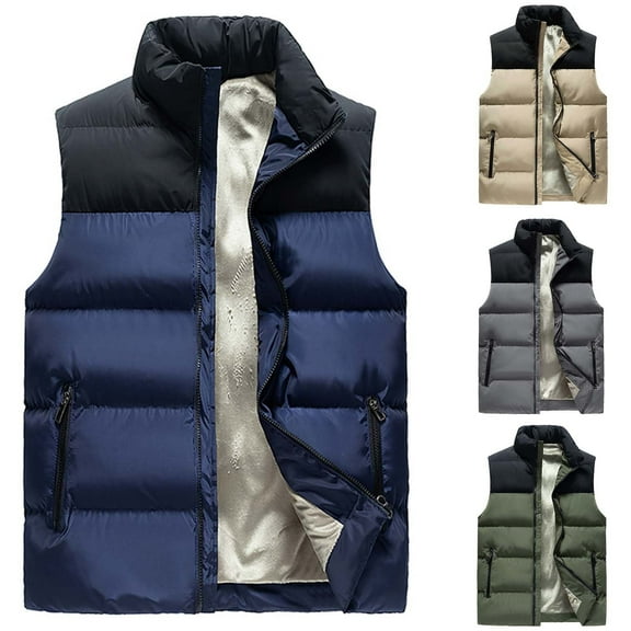 Lovskoo Mens Winter Coats Quilted Puffer Vest Fallow Full-Zip Stand Collar Sleeveless Jacket with Pockets Patchwork Gilet Vest Coat Olive Green