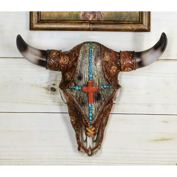 Western Turquoise Red Gems Cross Faux Leather And Wood Look Cow Skull Wall Decor