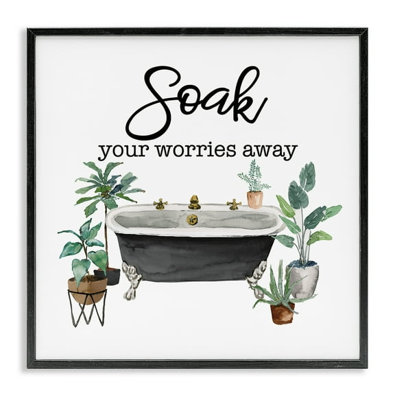 Stupell Industries Soak Worries Away Plants Bath & Laundry Painting Black Framed Art Print Wall Art, 12 x 12