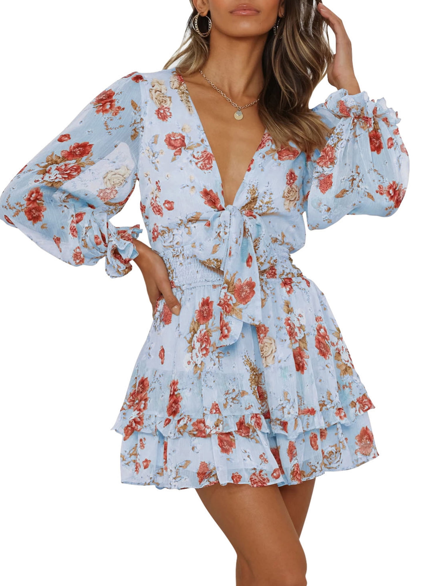 Xsylife Women Floral Print Boho Mini Dress Summer Ruffle Long Puff