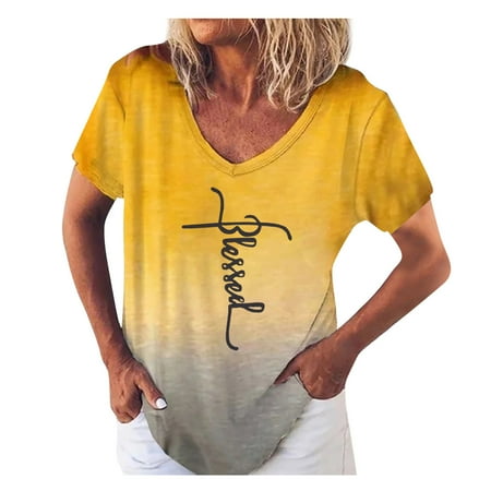 

trendy tops for women 2023 Fashion Women Letter Cross Print Short Sleeve V-Neck Loose Pullover T-Shirt trendy tops for women 2023 Yellow XXL